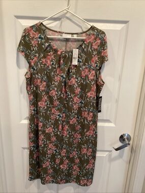 New York & Company Olive Shift Dress with Pink and Blue Floral Print